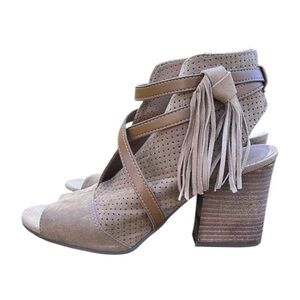 Franco Sarto Fina Tan Open Toe Bootie Block Heels, Zip Sides, Size 8.5